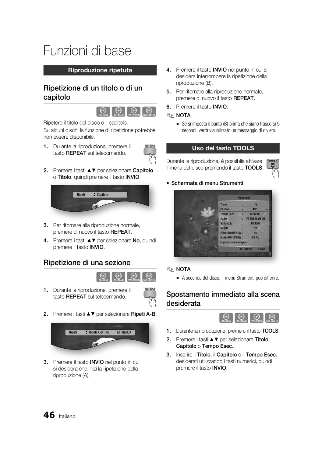 Samsung BD-C7500/XEF manual Ripetizione di un titolo o di un capitolo, Ripetizione di una sezione, Riproduzione ripetuta 