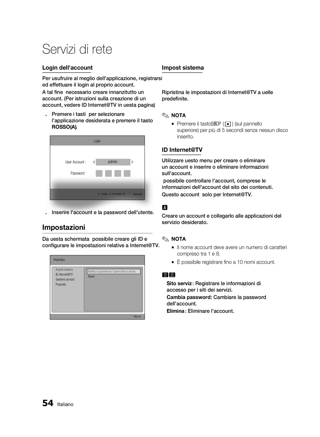 Samsung BD-C7500/XEF, BD-C7500/EDC manual Impostazioni, Login dellaccount, Impost sistema, ID Internet@TV 