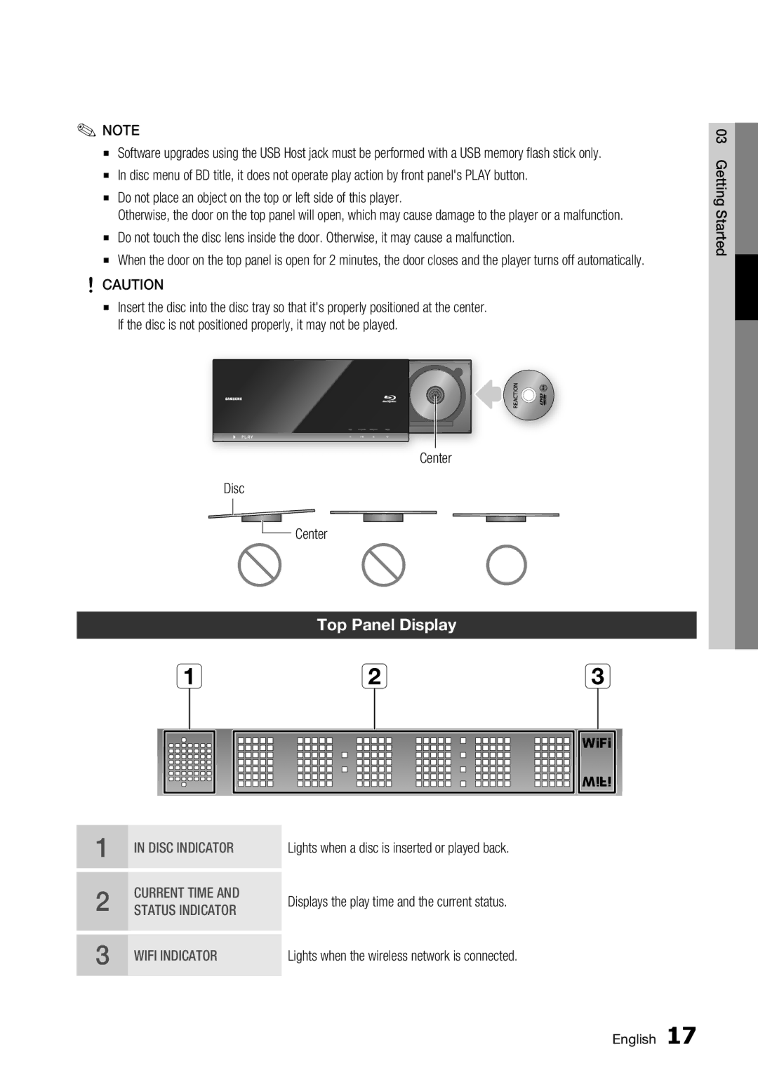 Samsung BD-C7500/EDC, BD-C7500/XEN, BD-C7500/XEF, BD-C7500/XAA, BD-C7500/XEE manual Top Panel Display, Center Disc 