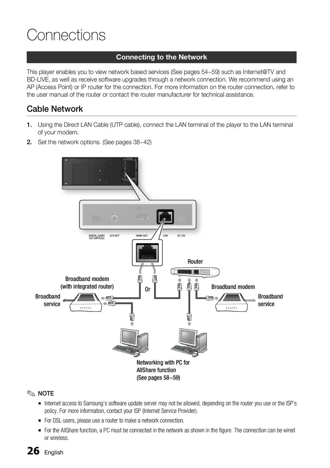 Samsung BD-C7500/XEF, BD-C7500/XEN, BD-C7500/EDC Cable Network, Connecting to the Network, Service Router, See pages 58~59 