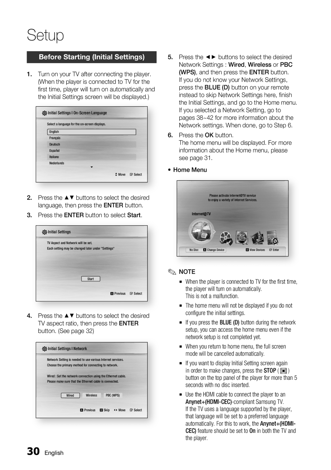 Samsung BD-C7500/XEN, BD-C7500/XEF manual Setup, Before Starting Initial Settings, Press the Enter button to select Start 