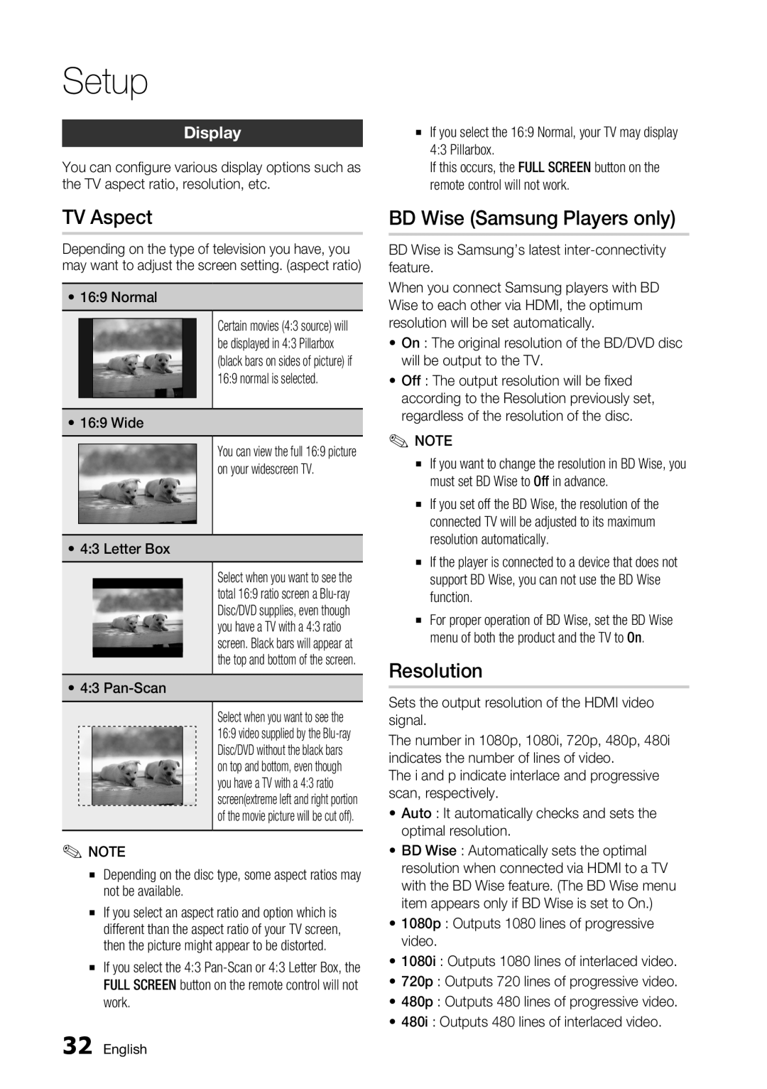 Samsung BD-C7500/EDC, BD-C7500/XEN, BD-C7500/XEF, BD-C7500/XAA TV Aspect, BD Wise Samsung Players only, Resolution, Display 