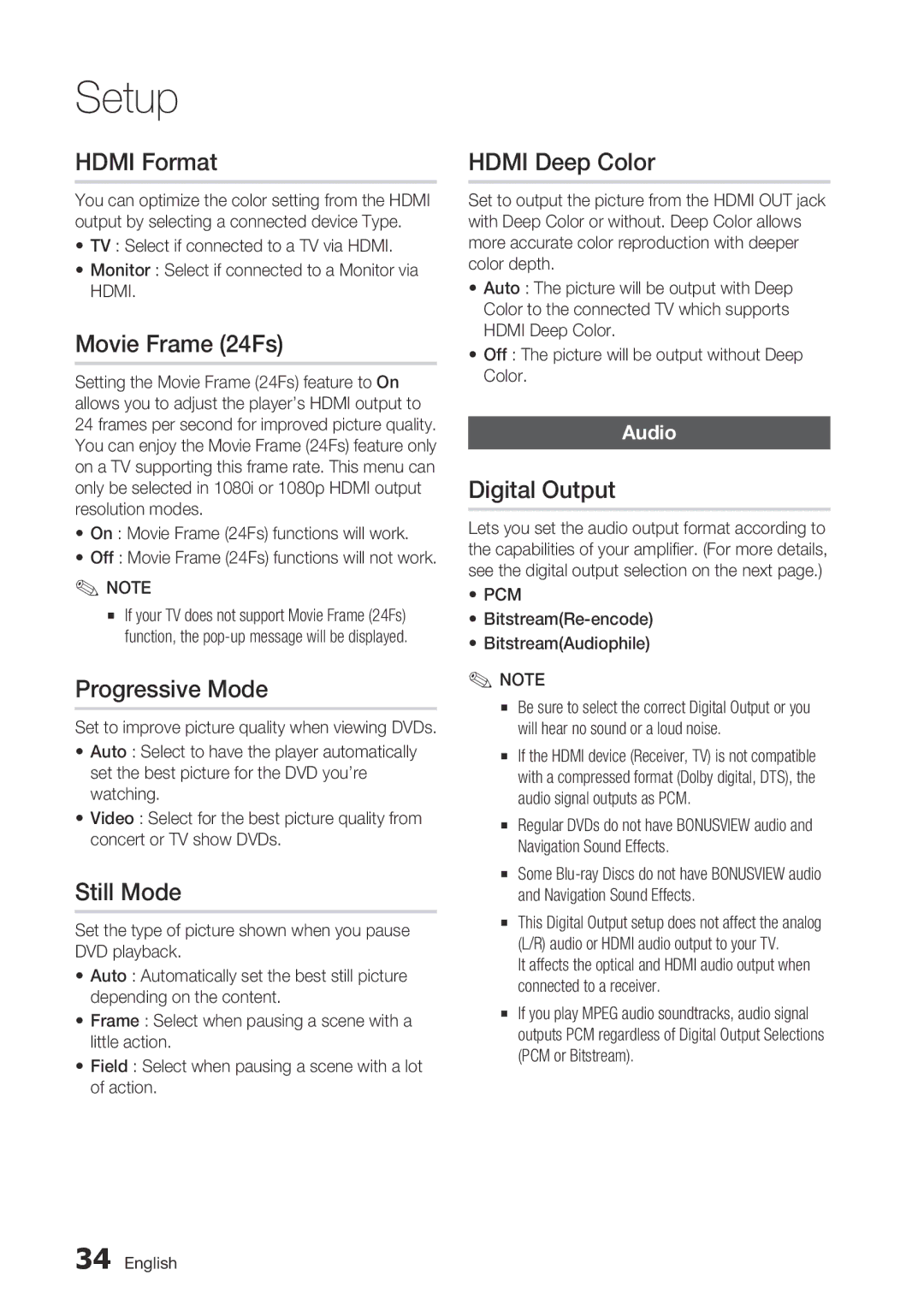 Samsung BD-C7500/XEE manual Hdmi Format, Movie Frame 24Fs, Progressive Mode, Still Mode, Hdmi Deep Color, Digital Output 