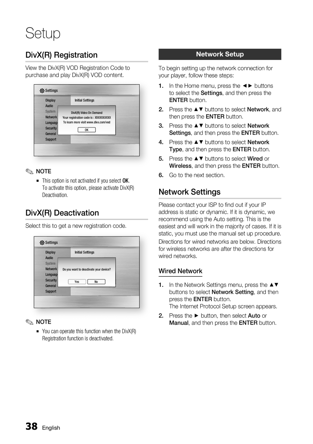 Samsung BD-C7500/XAA, BD-C7500/XEN DivXR Registration, DivXR Deactivation, Network Settings, Network Setup, Wired Network 