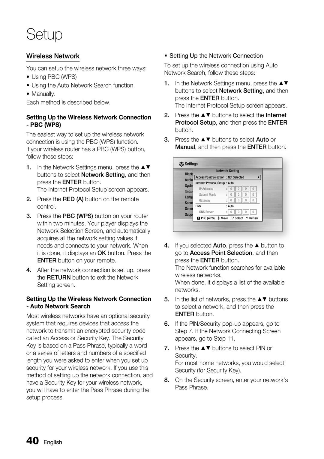 Samsung BD-C7500/XEN, BD-C7500/XEF, BD-C7500/EDC, BD-C7500/XAA manual Wireless Network,  Setting Up the Network Connection 