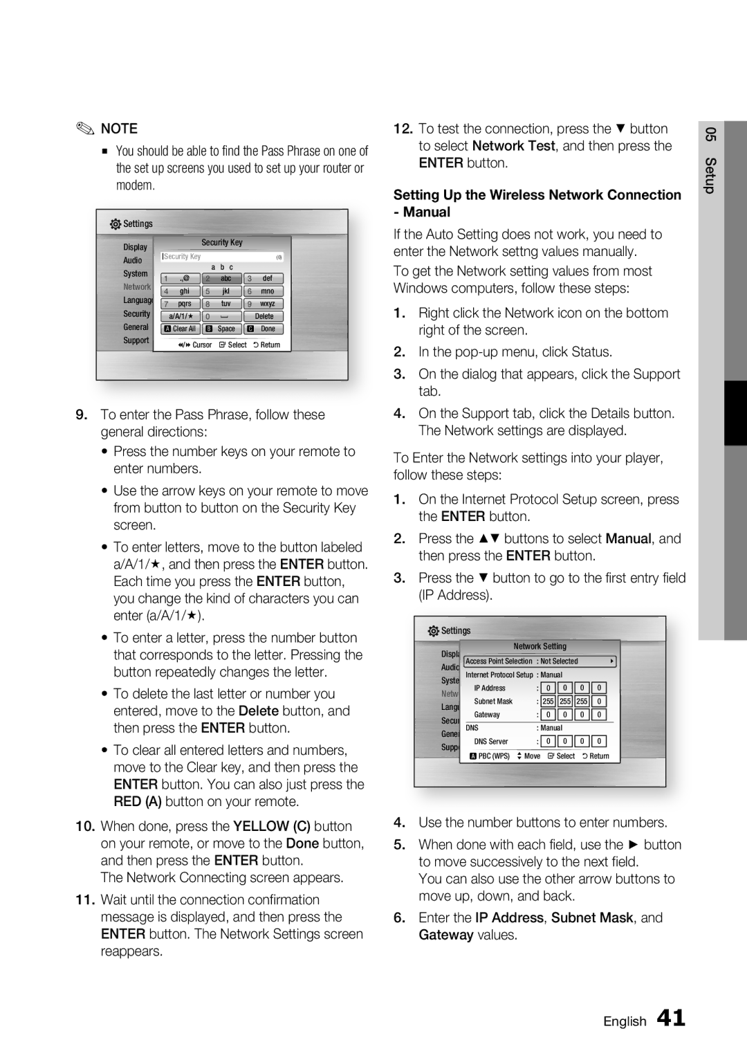 Samsung BD-C7500/XEF Right of the screen, Tab, Network settings are displayed, Use the number buttons to enter numbers 