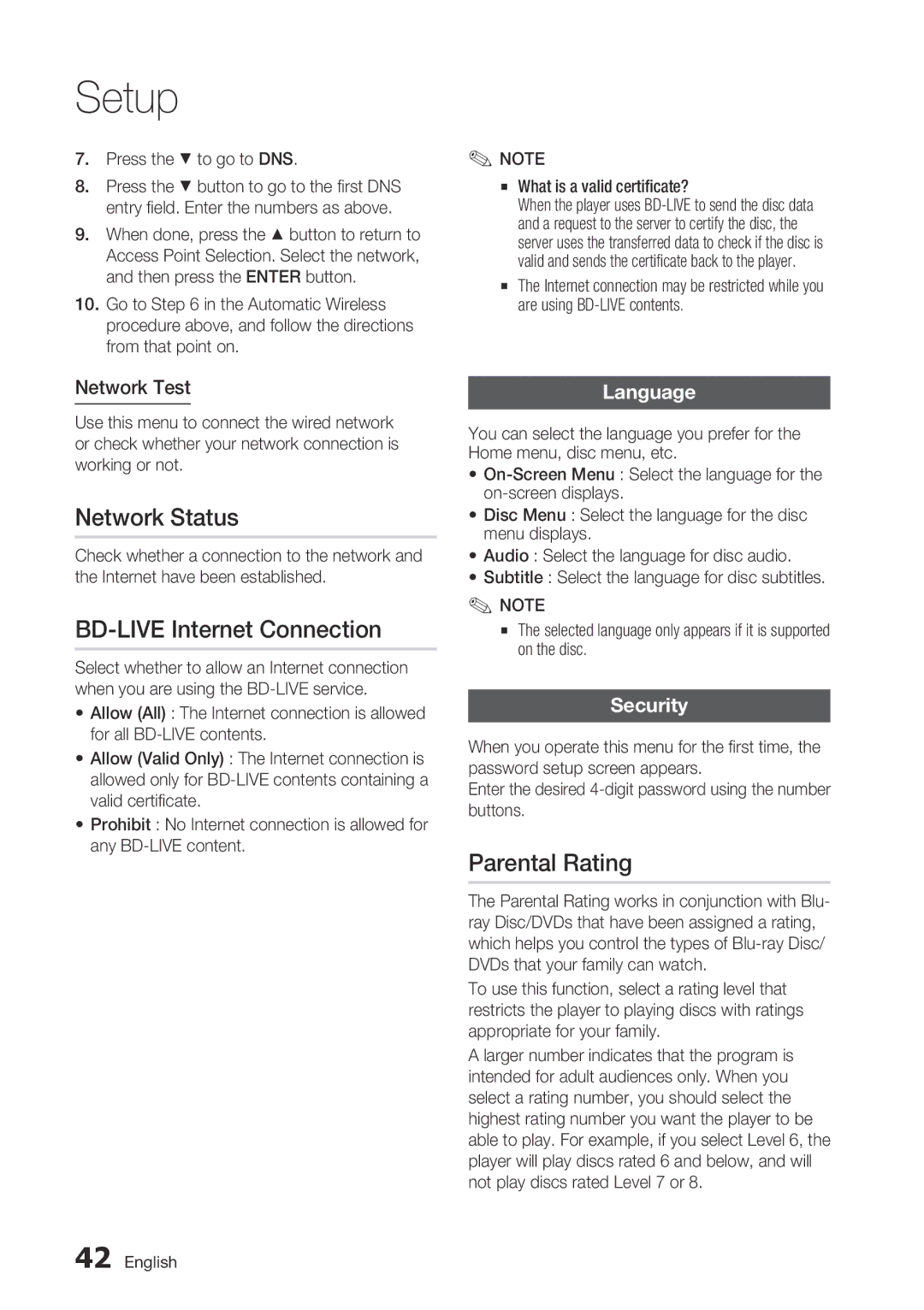 Samsung BD-C7500/EDC, BD-C7500/XEN manual Network Status, BD-LIVE Internet Connection, Parental Rating, Language, Security 