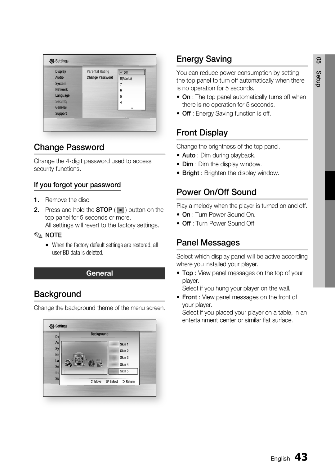 Samsung BD-C7500/XAA manual Change Password, Background, Energy Saving, Front Display, Power On/Off Sound, Panel Messages 