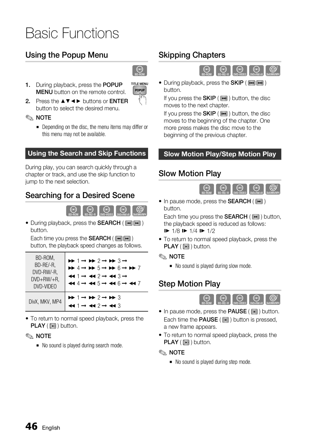 Samsung BD-C7500/XEF manual Using the Popup Menu, Skipping Chapters, Searching for a Desired Scene, Slow Motion Play 