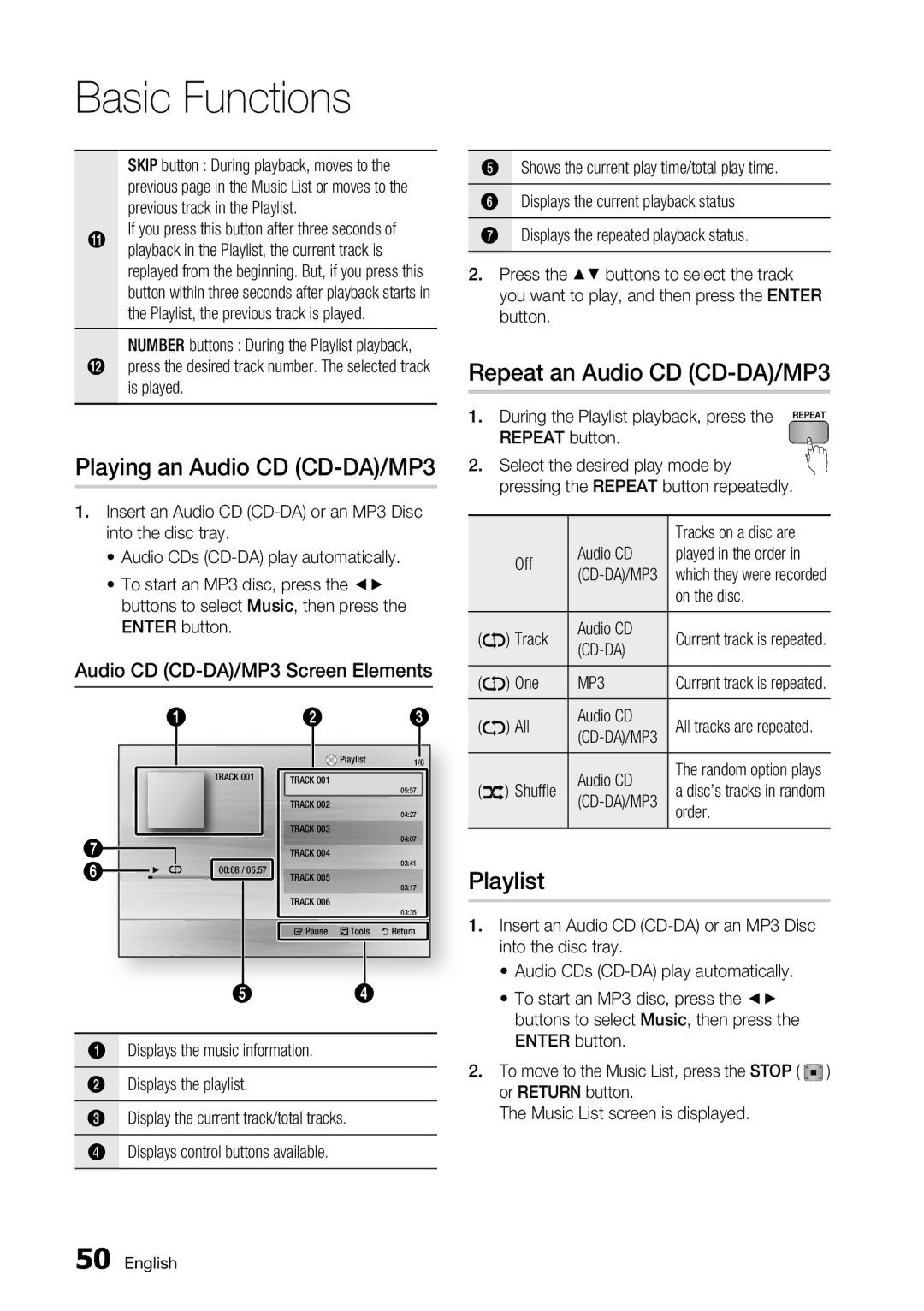 Samsung BD-C7500/XEN, BD-C7500/XEF, BD-C7500/EDC manual Playing an Audio CD CD-DA/MP3, Repeat an Audio CD CD-DA/MP3, Playlist 