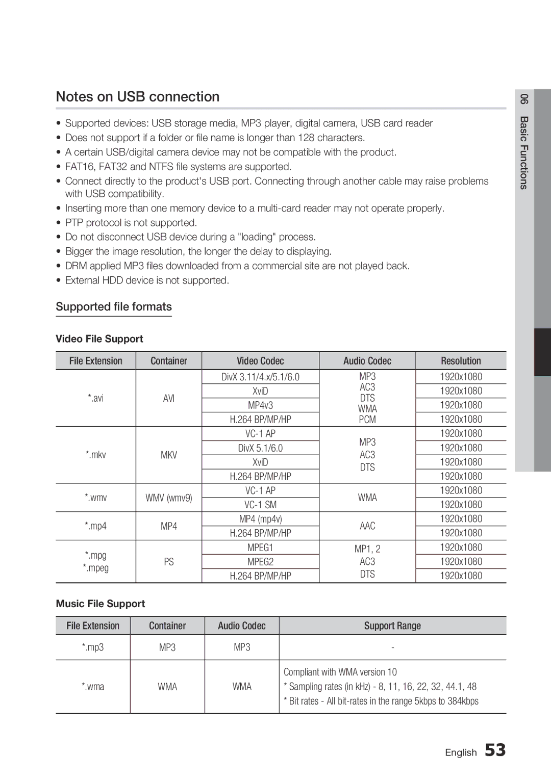 Samsung BD-C7500/XAA, BD-C7500/XEN, BD-C7500/XEF, BD-C7500/EDC Supported file formats, 1920x1080, Compliant with WMA version 