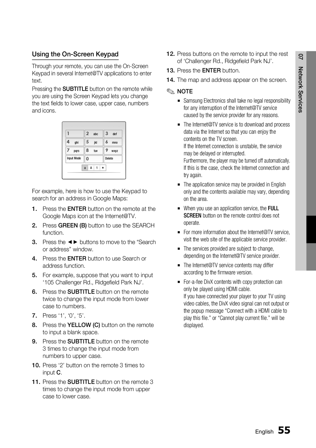 Samsung BD-C7500/XEN, BD-C7500/XEF Using the On-Screen Keypad, Press the Enter button Map and address appear on the screen 