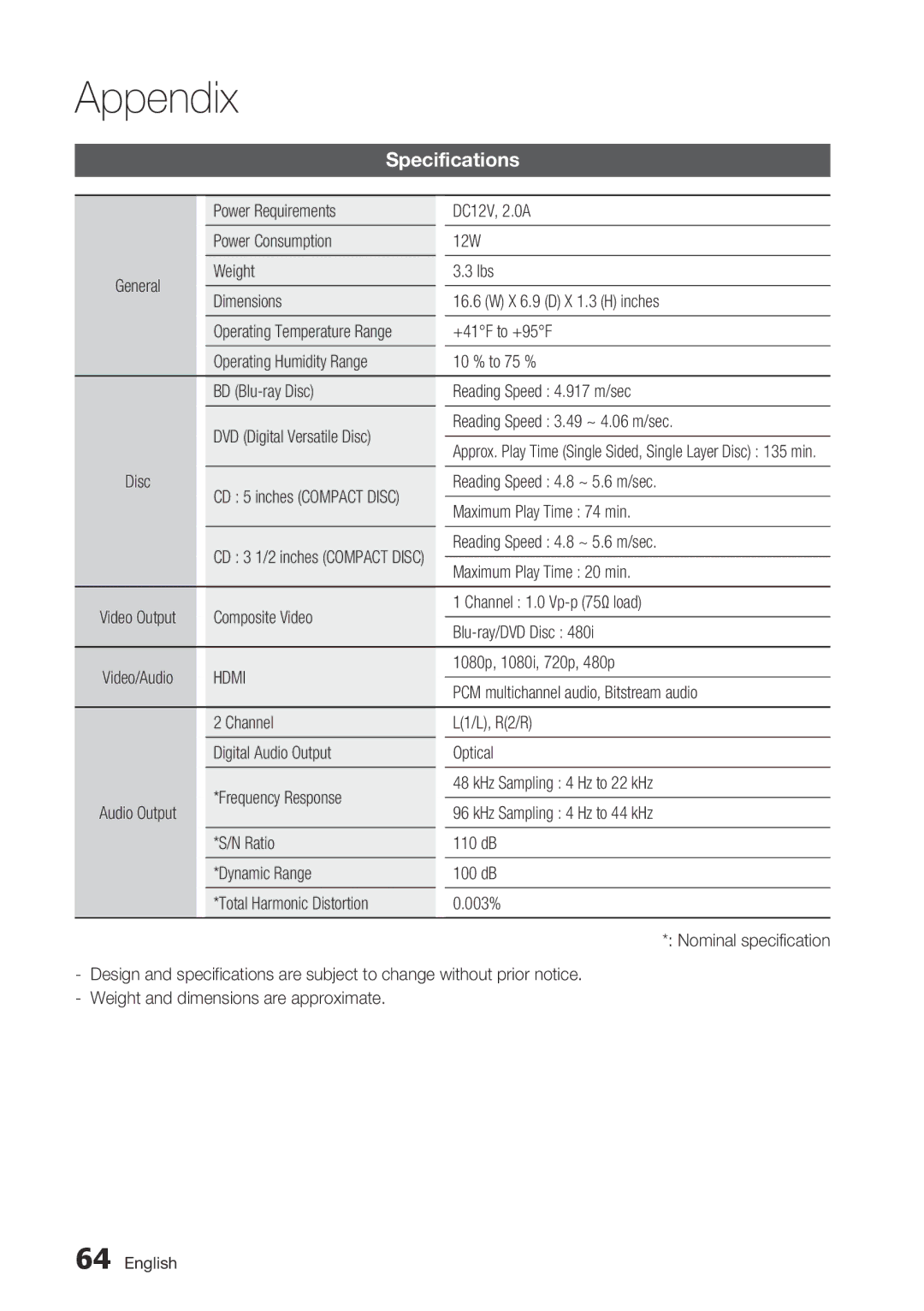 Samsung BD-C7500/XEE, BD-C7500/XEN, BD-C7500/XEF, BD-C7500/EDC, BD-C7500/XAA manual Specifications 