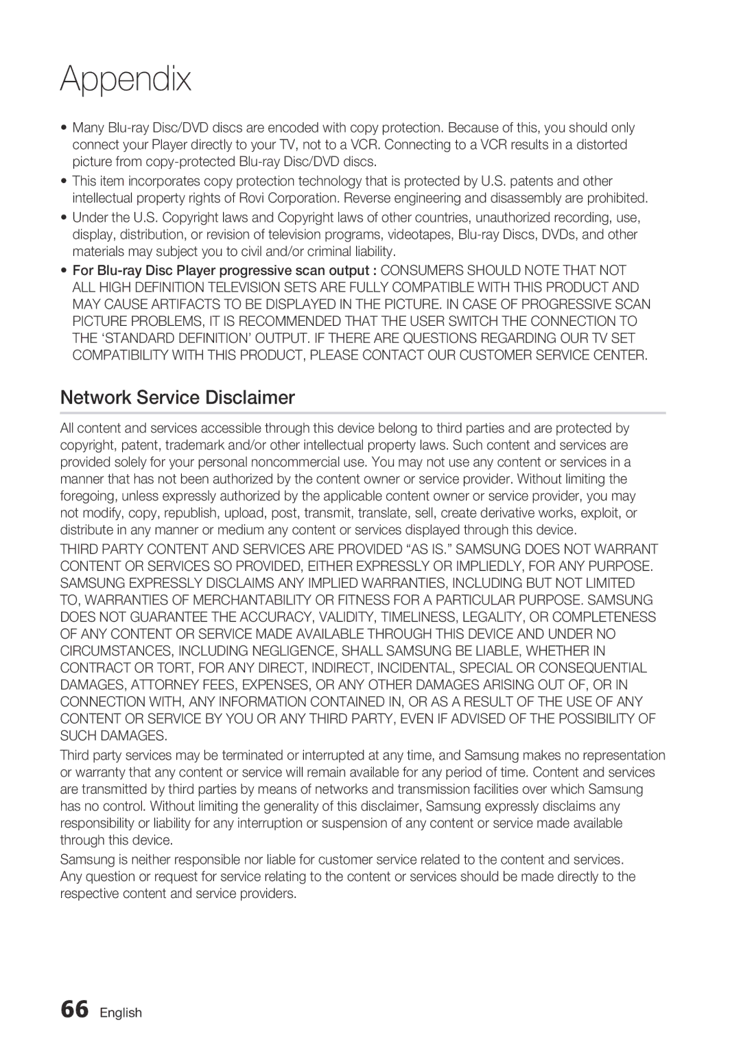 Samsung BD-C7500/XEF, BD-C7500/XEN, BD-C7500/EDC, BD-C7500/XAA, BD-C7500/XEE manual Network Service Disclaimer 