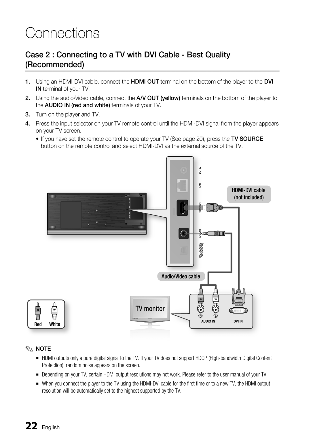 Samsung BD-C7500/EDC manual Case 2 Connecting to a TV with DVI Cable - Best Quality Recommended, TV monitor, Connections 