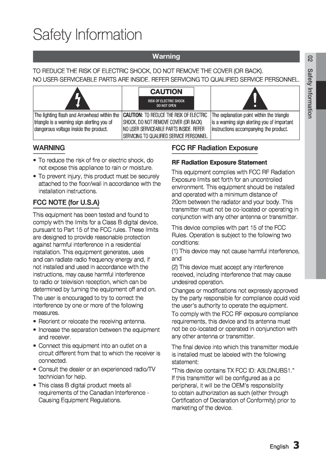 Samsung BD-C7500/XAA Safety Information, FCC RF Radiation Exposure, FCC NOTE for U.S.A, RF Radiation Exposure Statement 