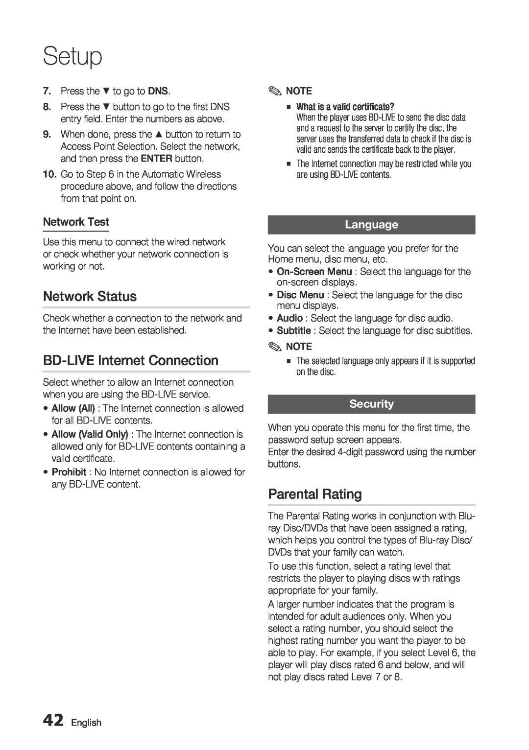 Samsung BD-C7500/EDC Network Status, BD-LIVE Internet Connection, Parental Rating, Network Test, Language, Security, Setup 