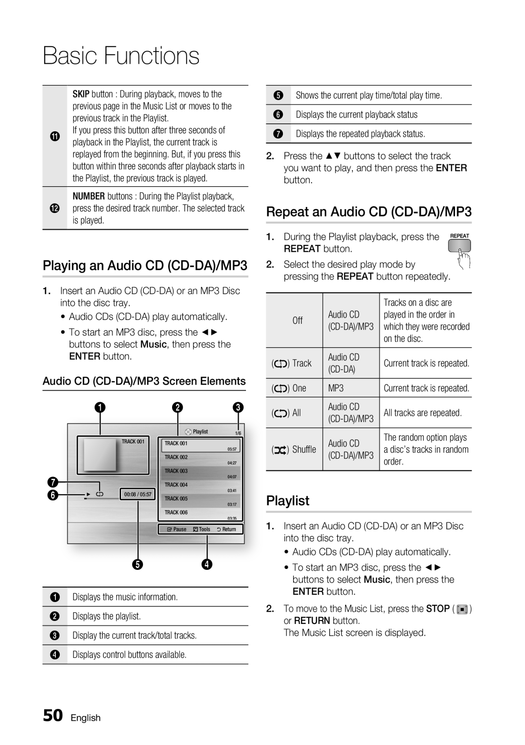 Samsung BD-C7500/XEN, BD-C7500/XEF Playing an Audio CD CD-DA/MP3, Repeat an Audio CD CD-DA/MP3, Playlist, Basic Functions 