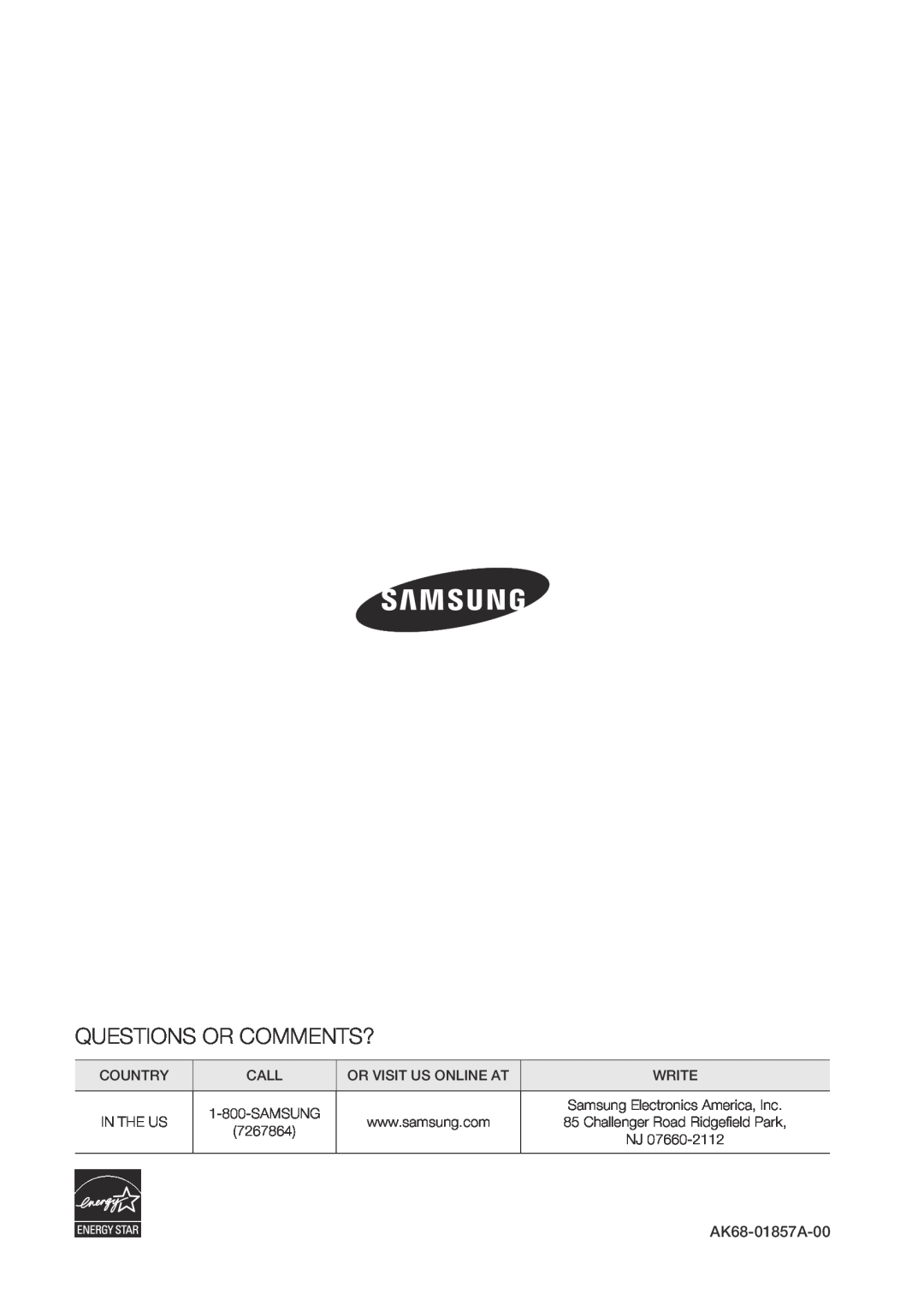 Samsung BD-C7500/XEN, BD-C7500/XEF, BD-C7500/EDC, BD-C7500/XAA Questions Or Comments?, Country, In The Us, AK68-01857A-00 