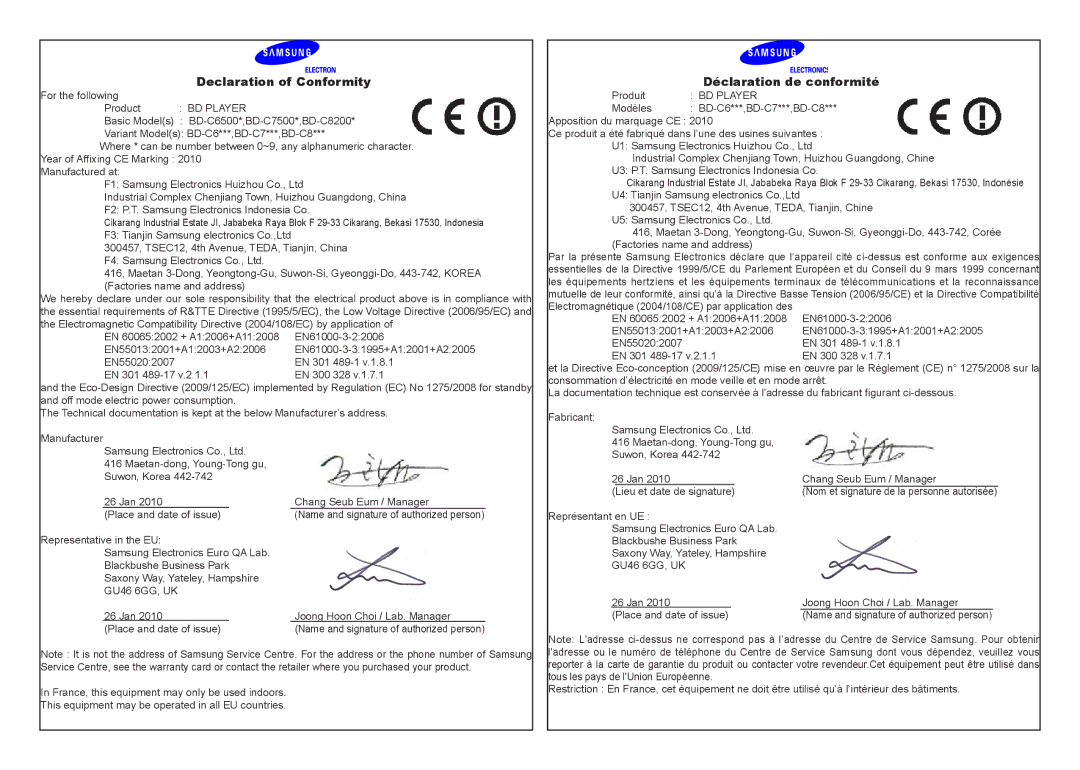 Samsung BD-C7500/XEF, BD-C7500/XEN, BD-C7500/EDC, BD-C7500/XAA manual Declaration of Conformity, Déclaration de 