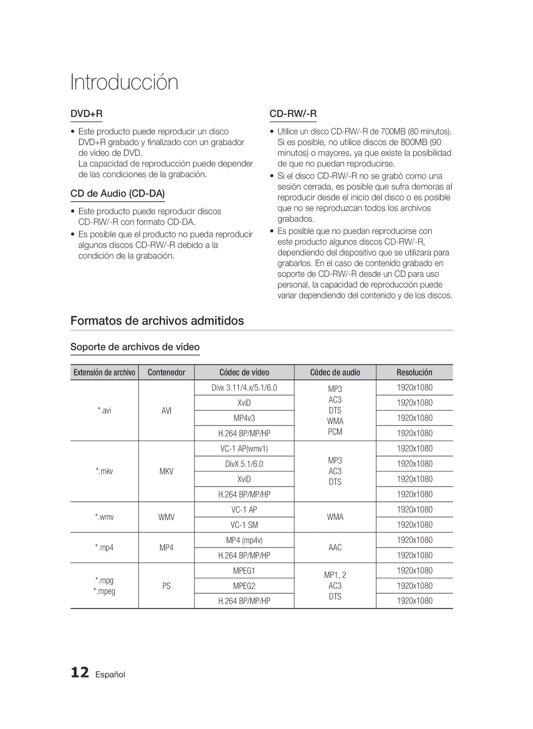 Samsung BD-C7500/XEN manual Formatos de archivos admitidos, CD de Audio CD-DA, Soporte de archivos de vídeo, AC3, Pcm 