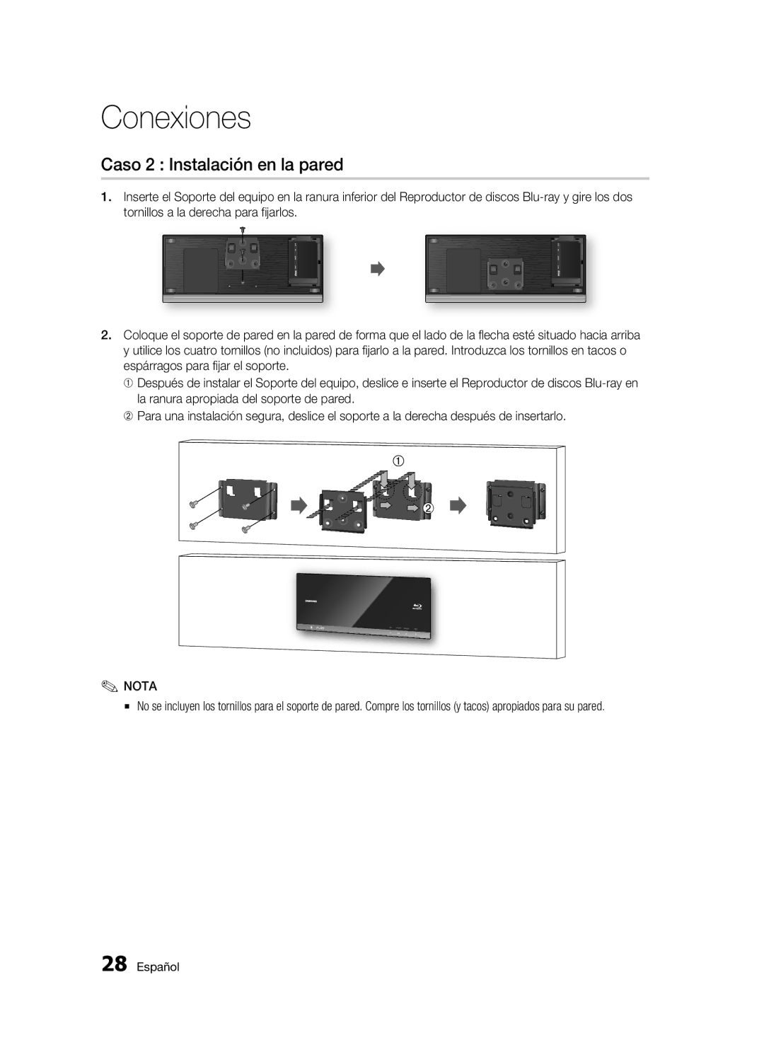 Samsung BD-C7500/XEF, BD-C7500/XEN, BD-C7500/XAA manual Caso 2 Instalación en la pared 