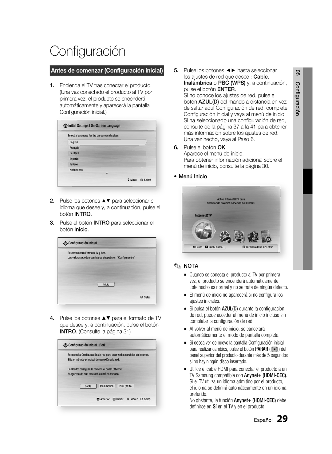 Samsung BD-C7500/XAA, BD-C7500/XEN, BD-C7500/XEF manual Antes de comenzar Configuración inicial 