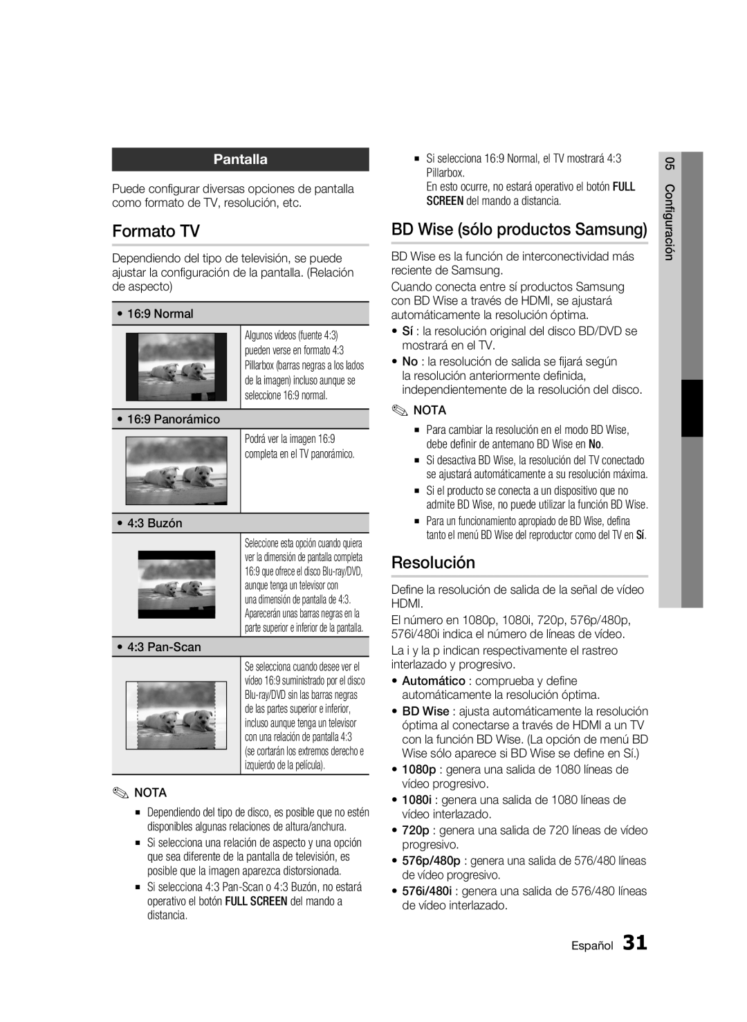 Samsung BD-C7500/XEF, BD-C7500/XEN, BD-C7500/XAA manual Formato TV, Resolución, Pantalla 