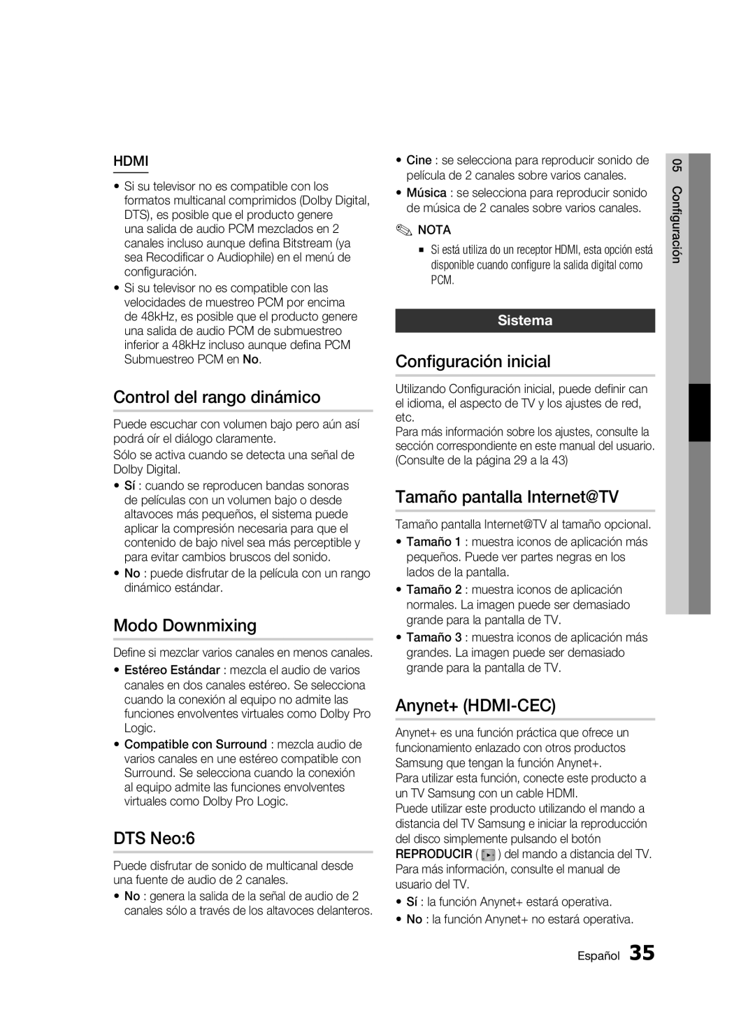 Samsung BD-C7500/XAA manual Control del rango dinámico, Modo Downmixing, DTS Neo6, Configuración inicial, Anynet+ HDMI-CEC 