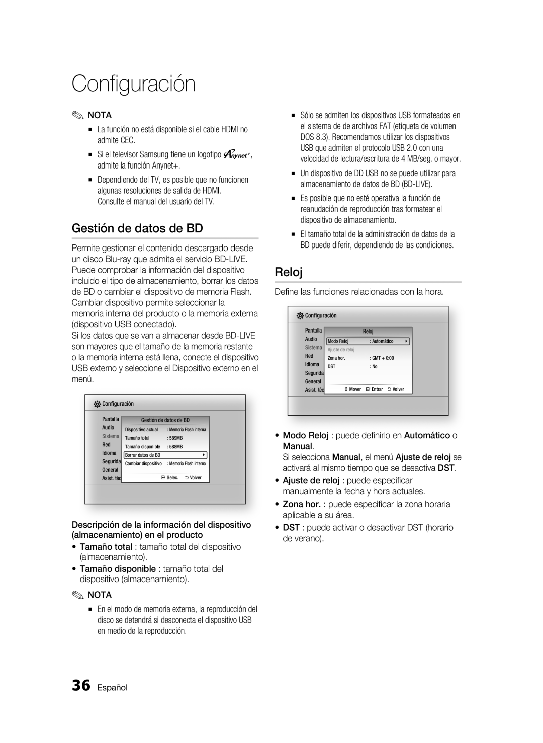 Samsung BD-C7500/XEN, BD-C7500/XEF manual Gestión de datos de BD, Reloj, Define las funciones relacionadas con la hora 