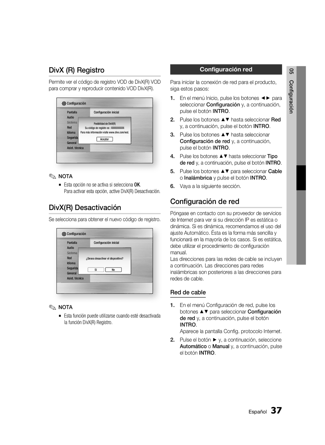 Samsung BD-C7500/XEF manual DivX R Registro, DivXR Desactivación, Configuración de red, Configuración red, Red de cable 