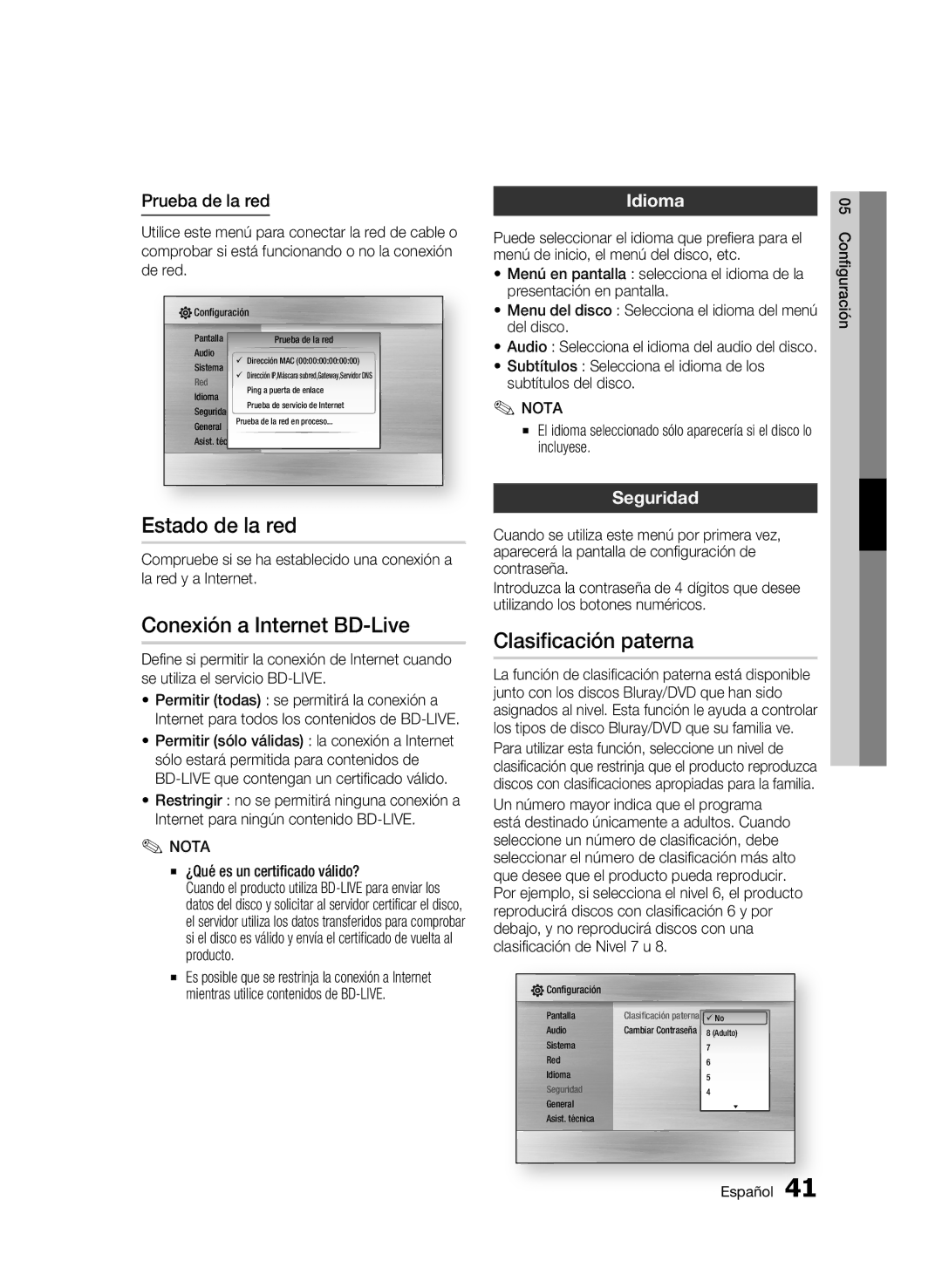 Samsung BD-C7500/XAA, BD-C7500/XEN Estado de la red, Conexión a Internet BD-Live, Clasificación paterna, Idioma, Seguridad 