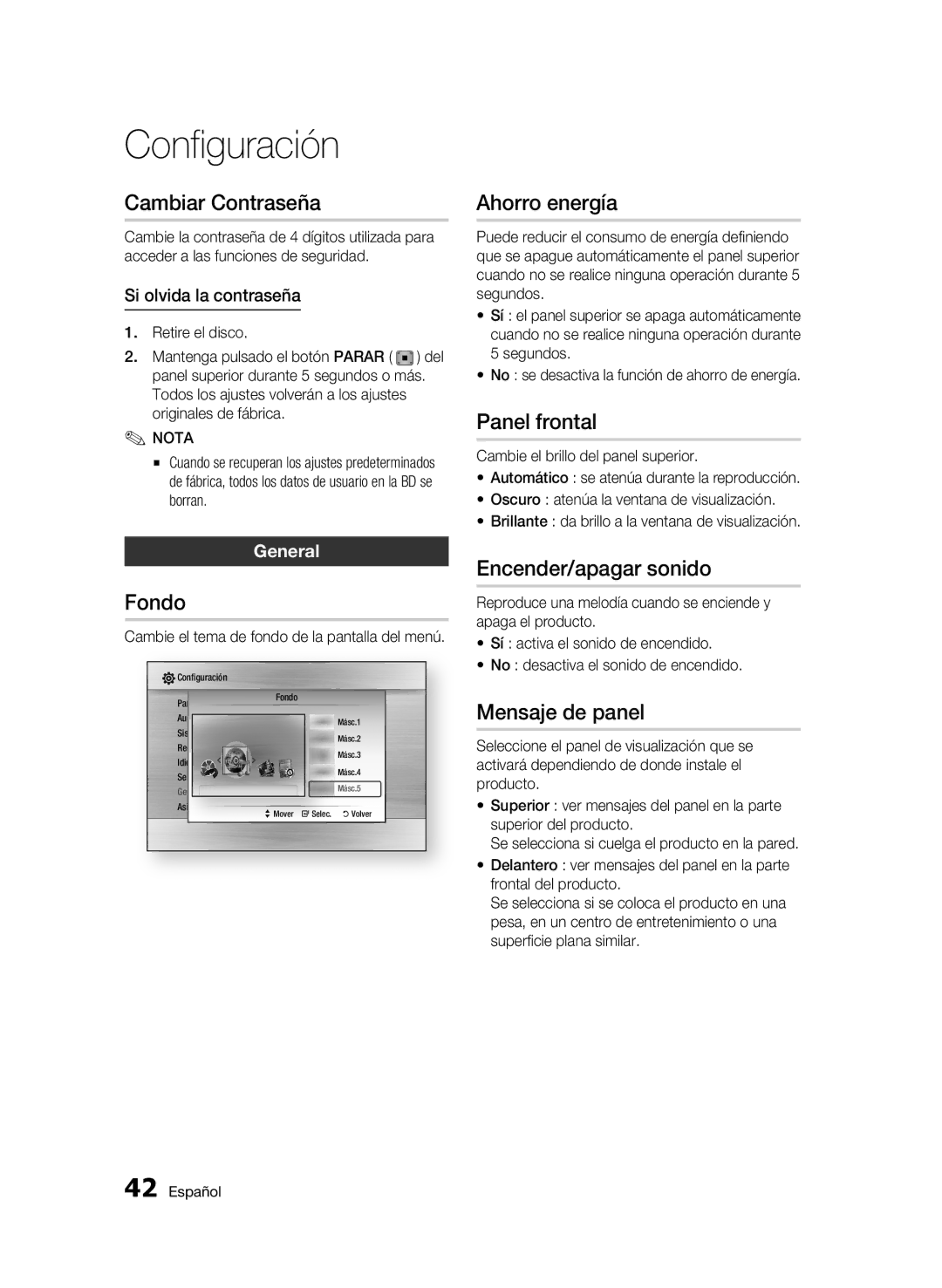 Samsung BD-C7500/XEN Cambiar Contraseña, Fondo, Ahorro energía, Panel frontal, Encender/apagar sonido, Mensaje de panel 