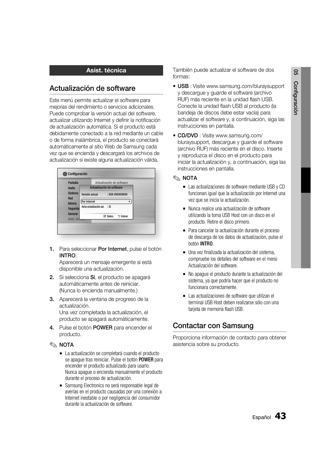 Samsung BD-C7500/XEF, BD-C7500/XEN, BD-C7500/XAA manual Actualización de software, Contactar con Samsung, Asist. técnica 