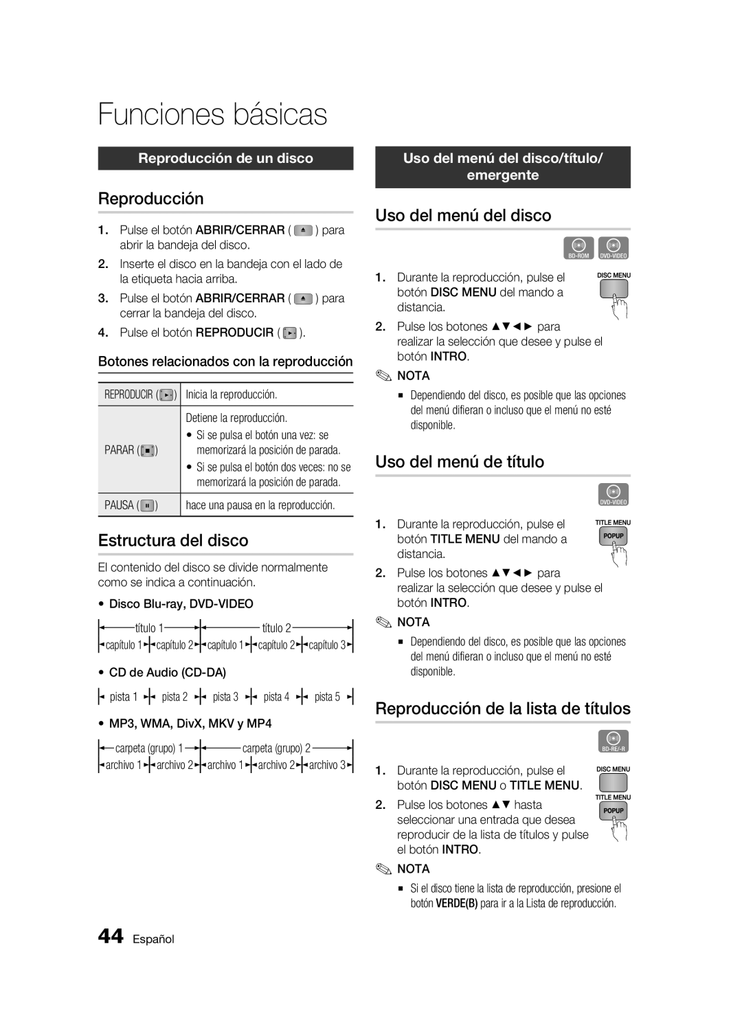 Samsung BD-C7500/XAA, BD-C7500/XEN, BD-C7500/XEF manual Funciones básicas 