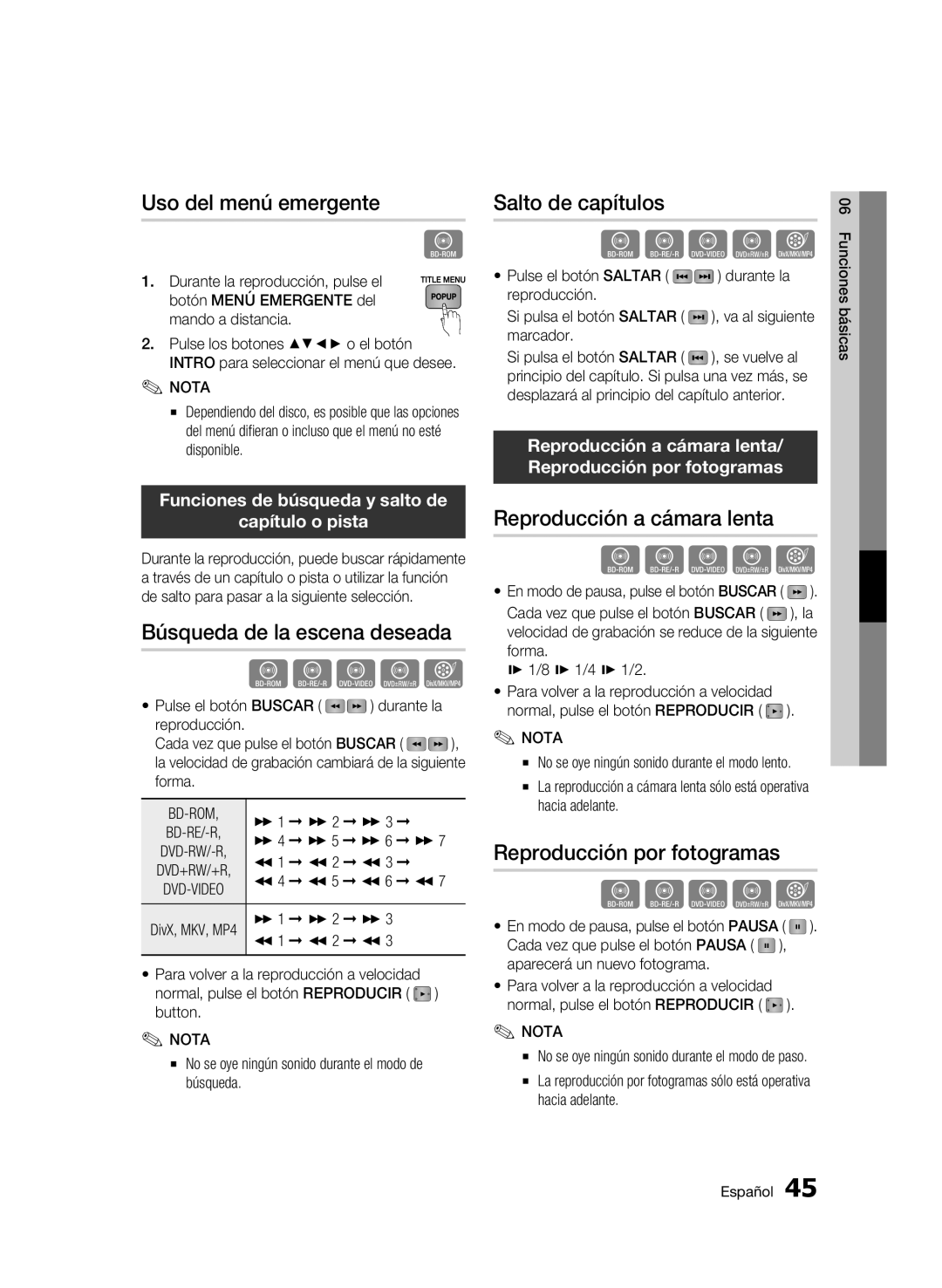 Samsung BD-C7500/XEN, BD-C7500/XEF, BD-C7500/XAA Uso del menú emergente, Búsqueda de la escena deseada, Salto de capítulos 