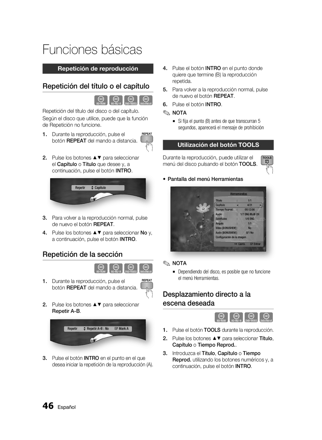 Samsung BD-C7500/XEF manual Repetición del título o el capítulo, Repetición de la sección, Repetición de reproducción 