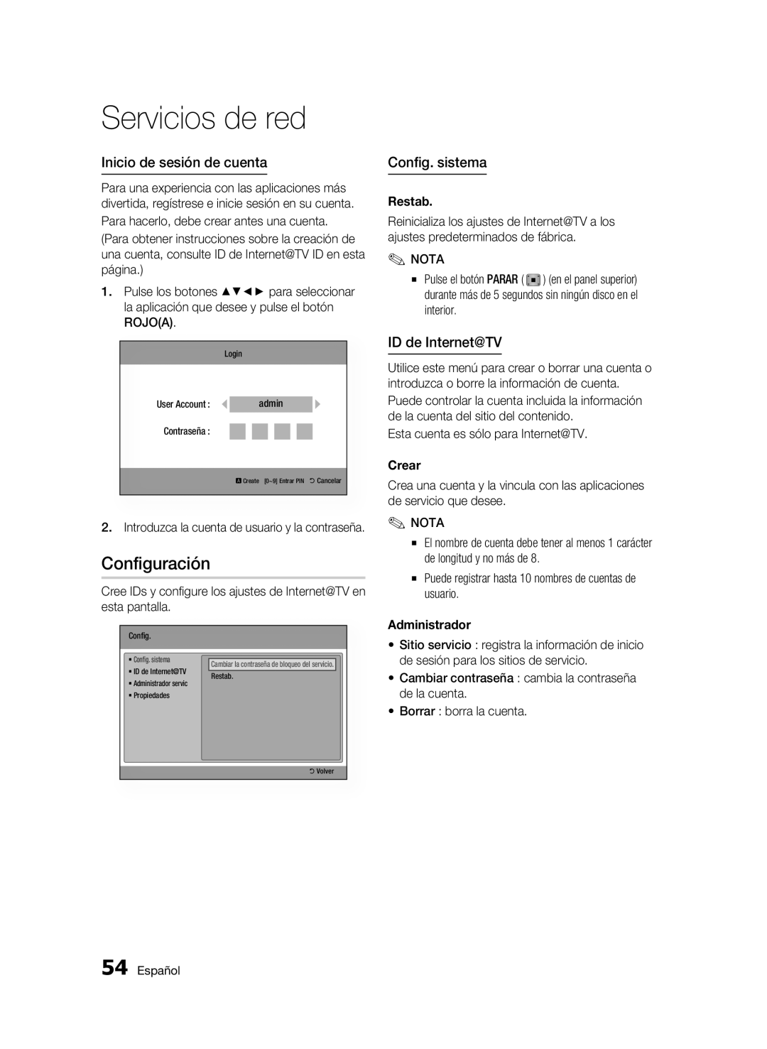 Samsung BD-C7500/XEN, BD-C7500/XEF manual Configuración, Inicio de sesión de cuenta, Config. sistema, ID de Internet@TV 