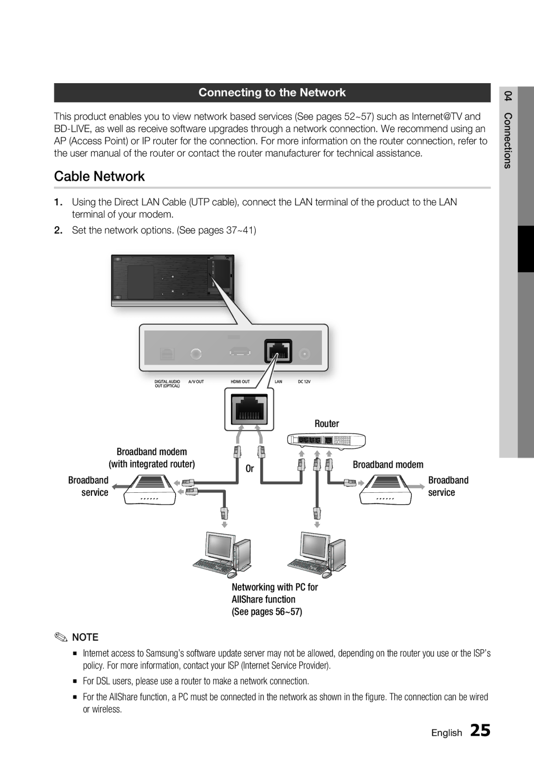 Samsung BD-C7500/XSS Cable Network, Connecting to the Network, Broadband modem With integrated router, Service Router 