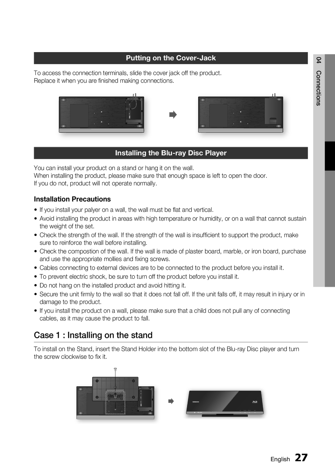 Samsung BD-C7500/XSS manual Case 1 Installing on the stand, Putting on the Cover-Jack, Installing the Blu-ray Disc Player 