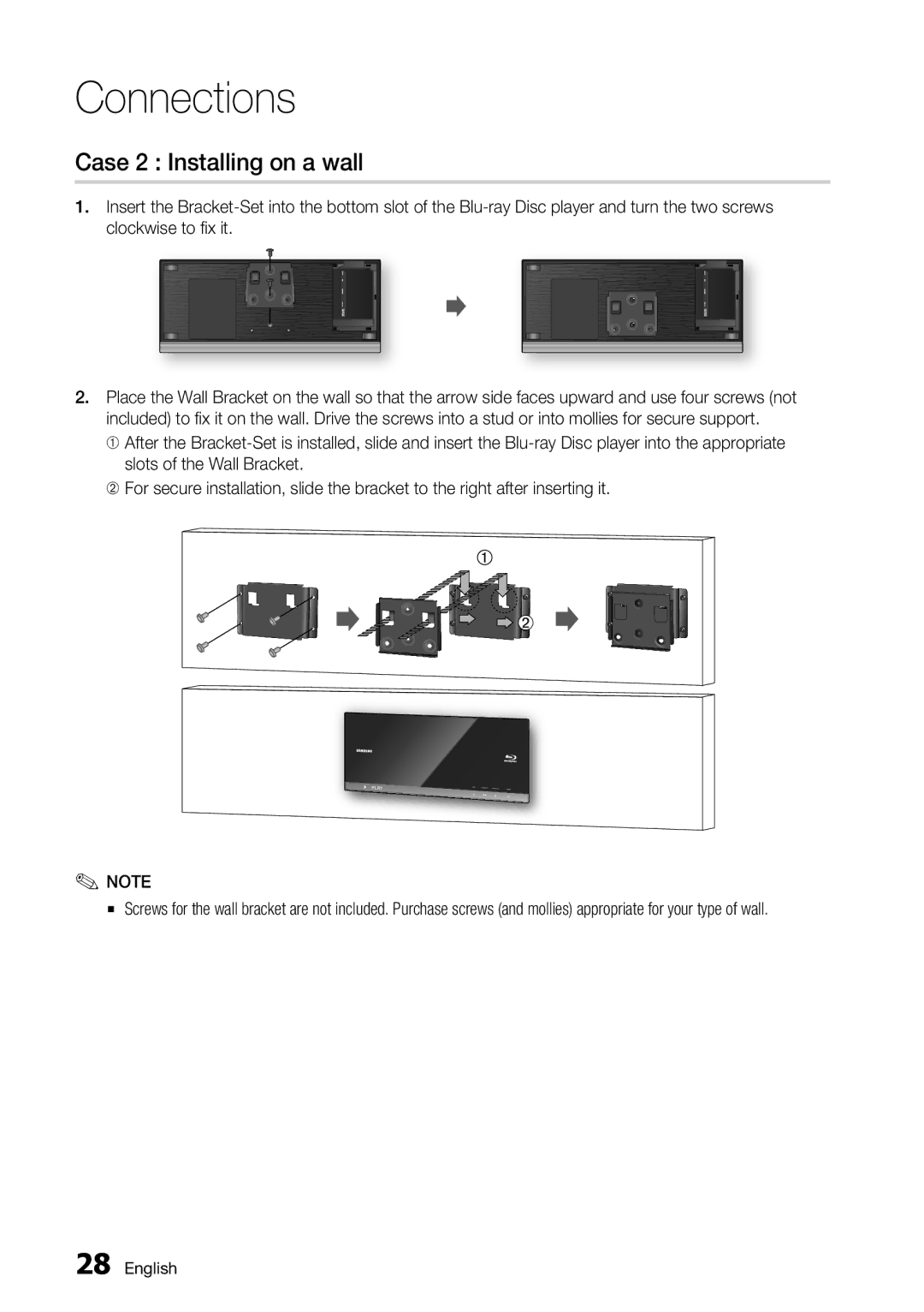 Samsung BD-C7500/XEN, BD-C7500/XSS manual Case 2 Installing on a wall 