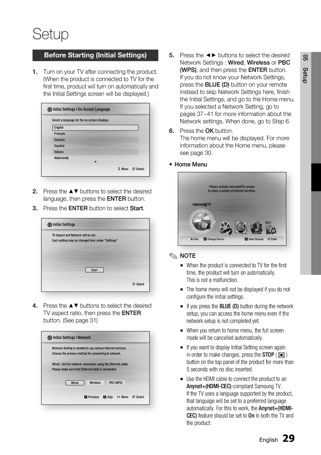 Samsung BD-C7500/XSS, BD-C7500/XEN manual Setup, Before Starting Initial Settings, Press the Enter button to select Start 