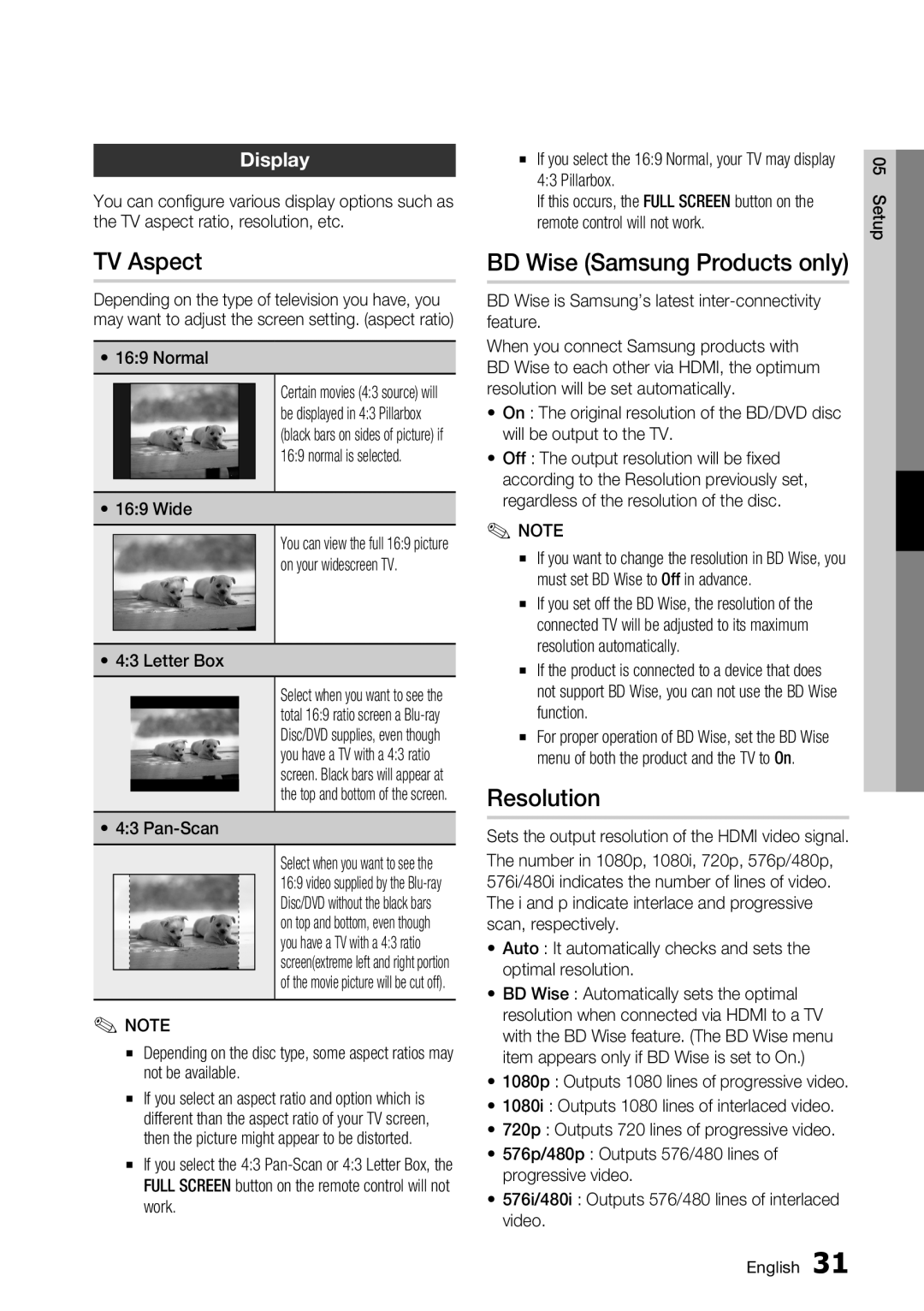 Samsung BD-C7500/XSS, BD-C7500/XEN manual TV Aspect, BD Wise Samsung Products only, Resolution, Display 