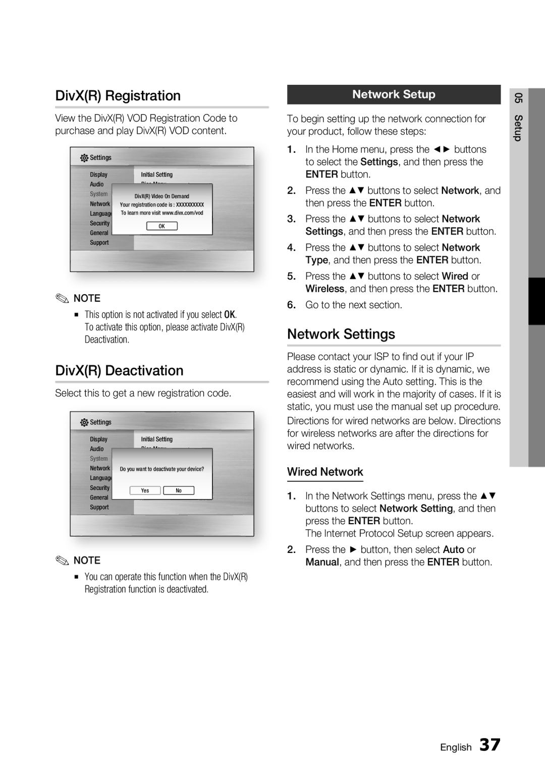 Samsung BD-C7500/XSS, BD-C7500/XEN DivXR Registration, DivXR Deactivation, Network Settings, Network Setup, Wired Network 