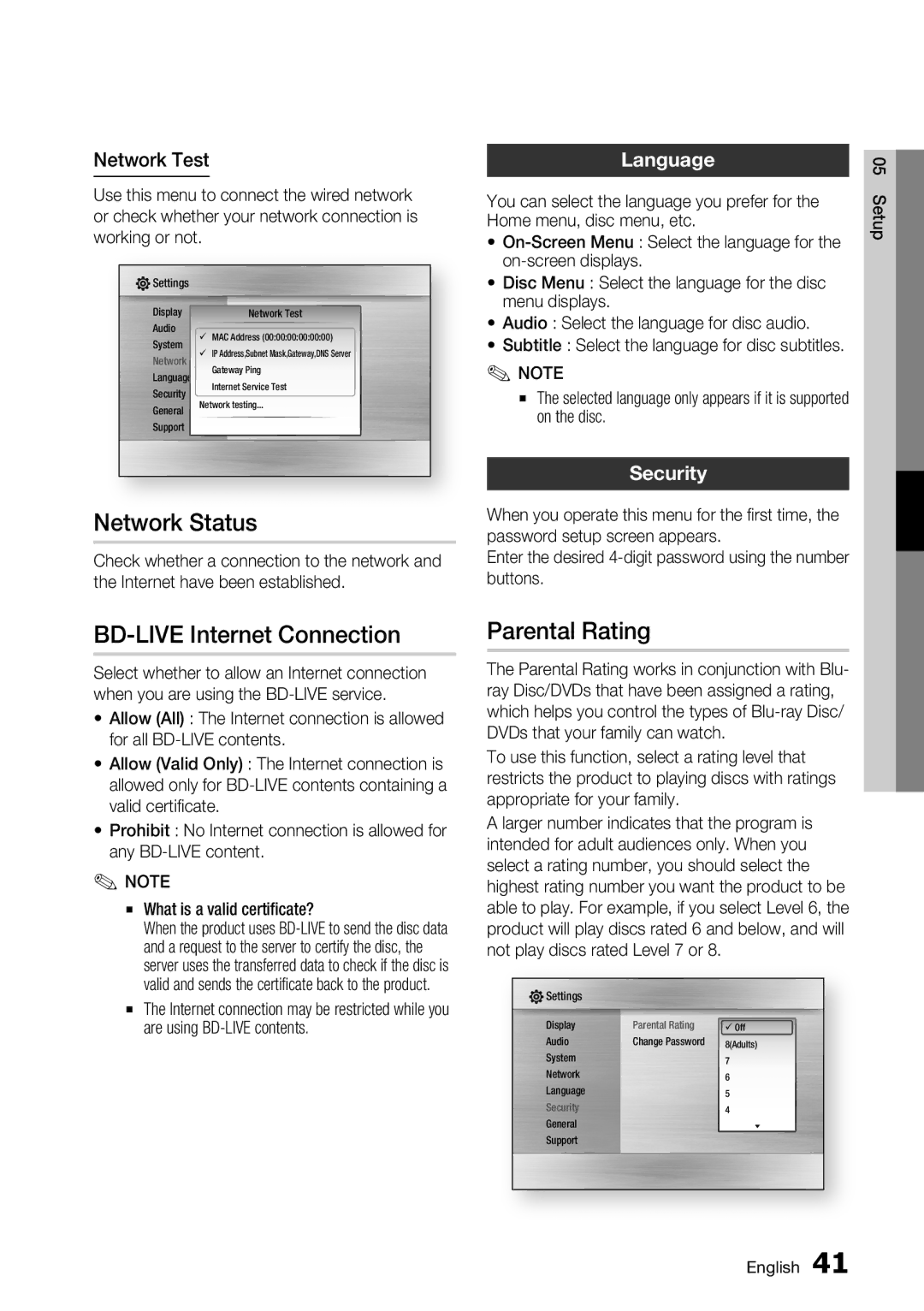 Samsung BD-C7500/XSS, BD-C7500/XEN manual Network Status, BD-LIVE Internet Connection, Parental Rating, Language, Security 