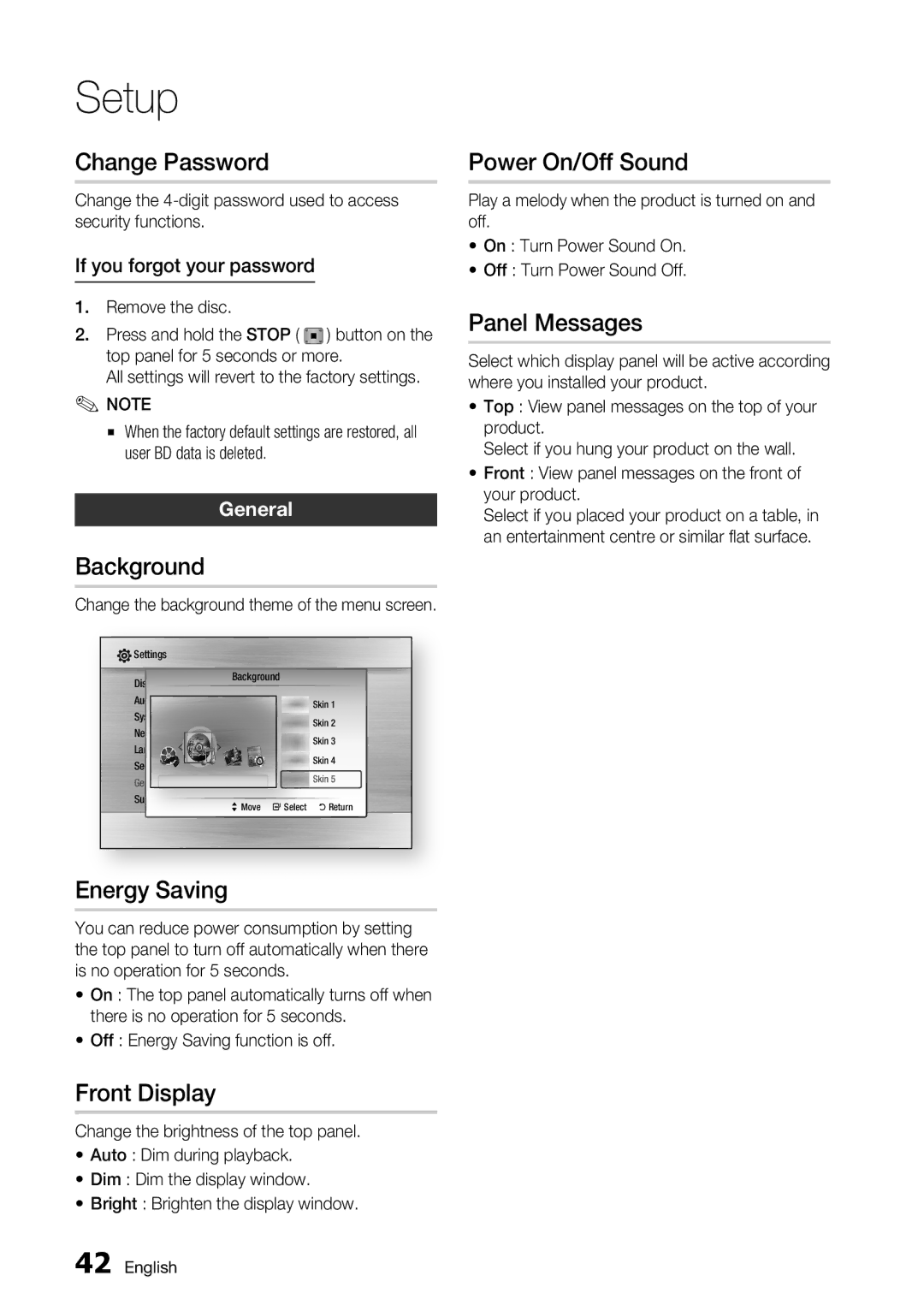 Samsung BD-C7500/XEN manual Change Password, Background, Energy Saving, Front Display, Power On/Off Sound, Panel Messages 