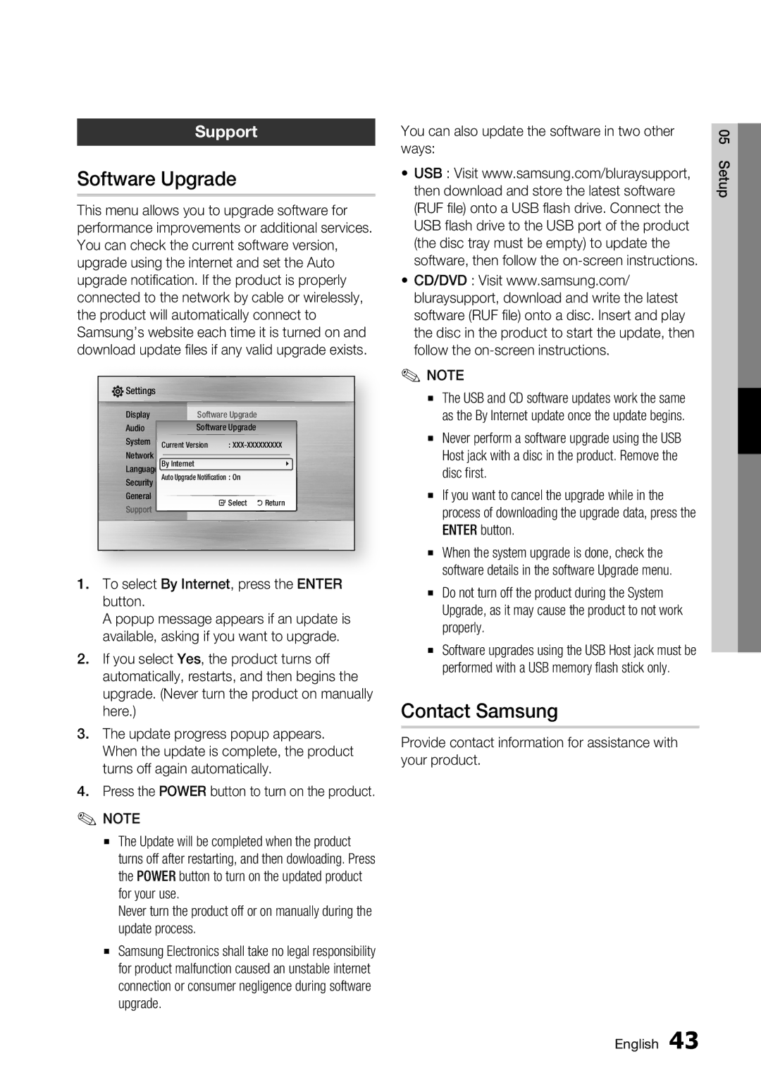 Samsung BD-C7500/XSS manual Software Upgrade, Contact Samsung, Support, To select By Internet, press the Enter button 