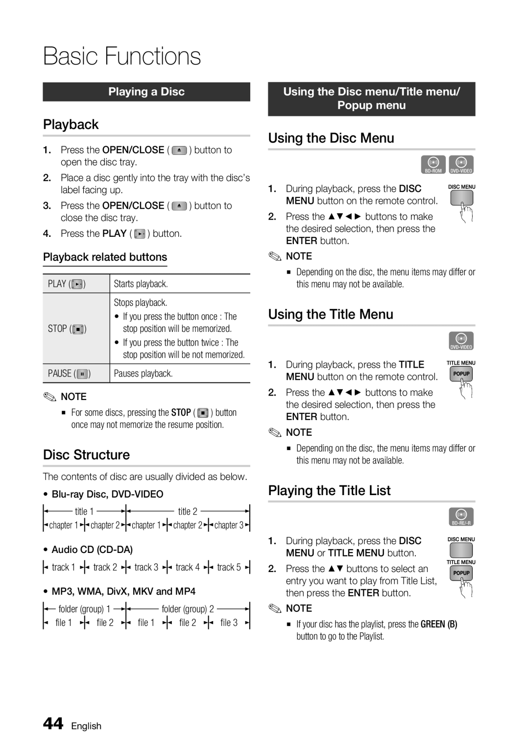 Samsung BD-C7500/XEN, BD-C7500/XSS manual Basic Functions 