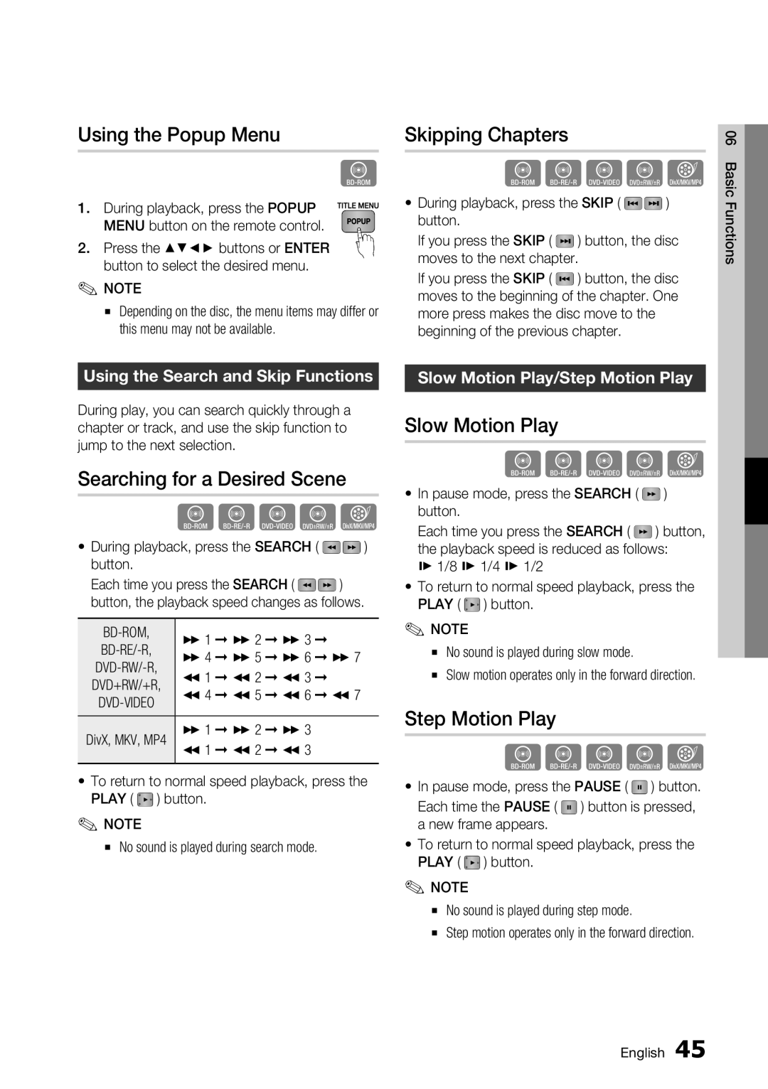 Samsung BD-C7500/XSS manual Using the Popup Menu, Skipping Chapters, Searching for a Desired Scene, Slow Motion Play 