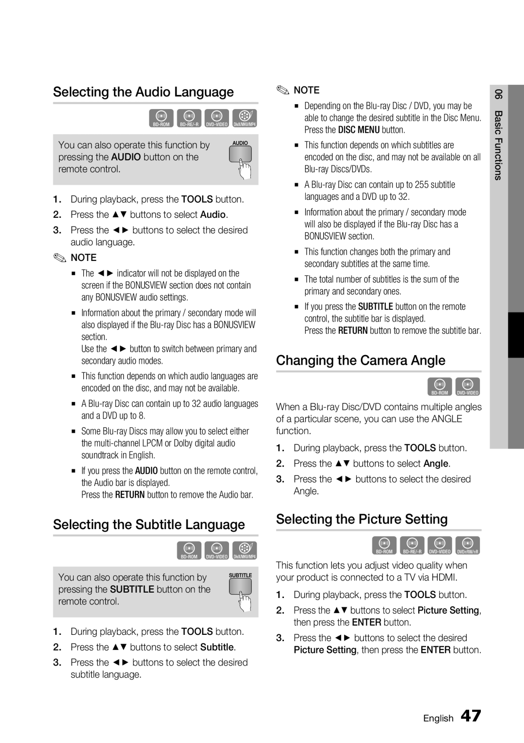 Samsung BD-C7500/XSS manual Selecting the Audio Language, Selecting the Subtitle Language, Changing the Camera Angle 